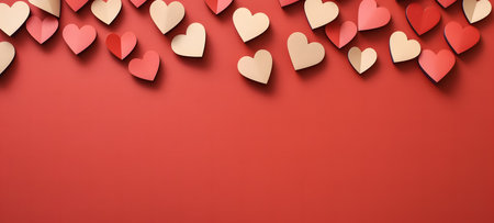Valentine's day background with paper hearts on red background. Vector illustration.の素材