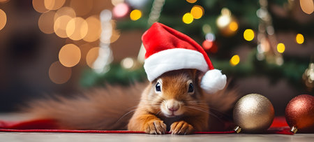 Cute red squirrel in Santa Claus hat on background of Christmas treeの素材