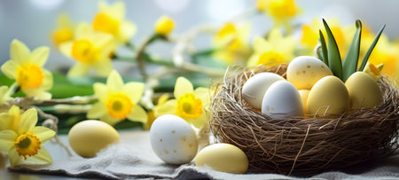 Easter eggs in a nest with daffodils on a light backgroundの素材