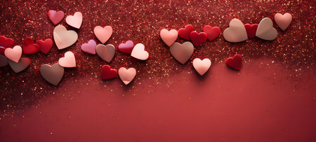 Valentine's day background with red hearts on red glitter backgroundの素材