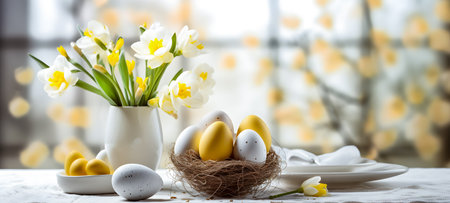 Easter table setting with spring flowers and easter eggs on wooden backgroundの素材