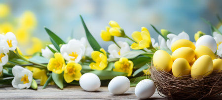 Easter eggs and narcissus flowers on wooden table, closeupの素材