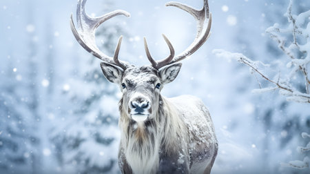Portrait of reindeer in the snowy forest, winter landscapeの素材