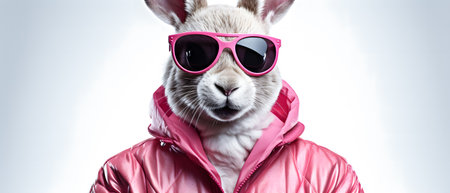 Funny rabbit wearing pink sunglasses and pink jacket on white background.の素材