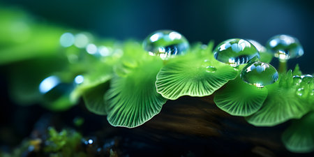Water droplets on ginkgo biloba leaves in rainforestの素材