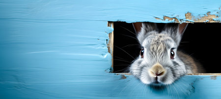 Rabbit peeking out of a hole in a blue wall.の素材