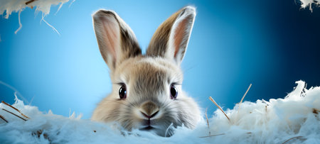 Cute little rabbit on a blue background with copy space. easter conceptの素材