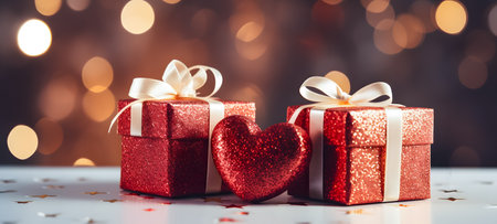 Valentines day background with red gift boxes and heart on bokeh backgroundの素材