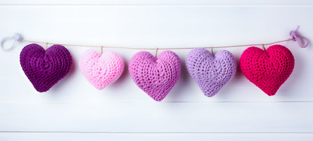 Handmade knitted hearts on a white wooden background. Selective focus.の素材