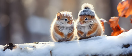 Two cute squirrels sitting on snow in winter forest. Winter background.の素材