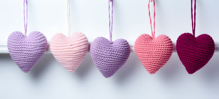 Colorful knitted hearts on a white background. Valentine's Day.の素材