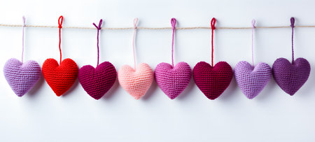 Colorful hearts hanging on clothesline on white background, flat layの素材
