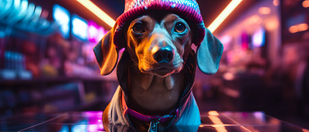 Portrait of a beautiful black and tan dachshund dog in a pink knitted hat on the background of neon lights.の素材