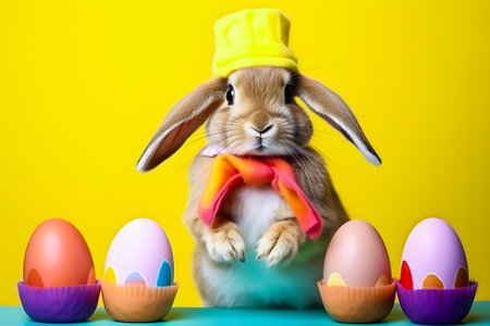 Cute Easter bunny with colorful eggs on yellow background. Happy Easter concept.の素材