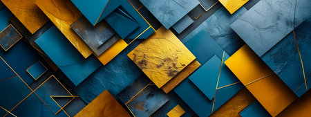 Abstract geometric background with gold and blue elements. 3d render illustrationの素材