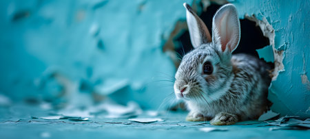 Rabbit peeking out of a hole in a blue wall.の素材