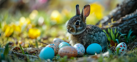 Easter bunny with colorful eggs on green grass in the garden.の素材