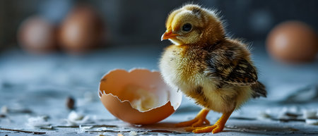 Cute little chicken and eggshell on a rustic background.の素材