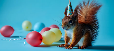 Cute squirrel with birthday hat and colorful balloons on blue background.の素材