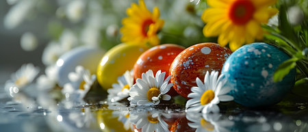 Colorful easter eggs with daisies and chamomile flowersの素材