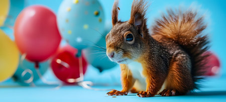 Cute squirrel with colorful balloons on blue background. Studio shot.の素材