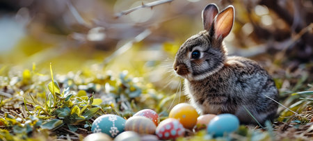 Easter bunny and easter eggs on nature background. Happy Easter!の素材