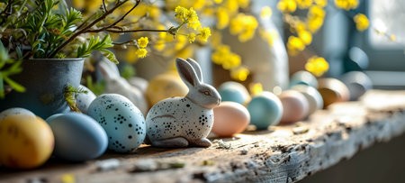 Easter composition with colorful eggs, bunny and spring flowers on rustic wooden backgroundの素材