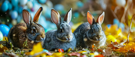 Three Easter bunnies in the grass with colorful eggs in the backgroundの素材
