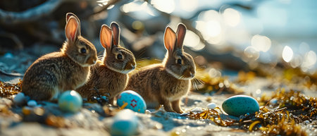 Rabbits and Easter eggs on the seashore.の素材