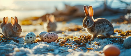 Rabbits and Easter eggs on the sandy beach. Easter background.の素材