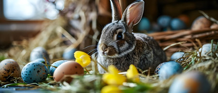 Easter bunny with colorful eggs and tulips on rustic backgroundの素材