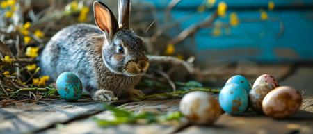 Easter bunny with easter eggs on rustic wooden background.の素材