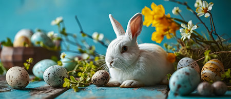 Easter bunny and easter eggs on blue background with spring flowersの素材