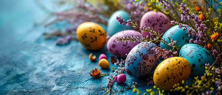 Colorful easter eggs and flowers on blue background. Happy Easter card.の素材