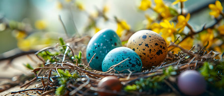 Easter eggs in nest with spring flowers on bokeh backgroundの素材