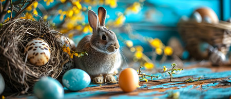 Easter bunny and easter eggs on rustic blue wooden backgroundの素材
