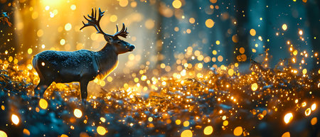 Christmas and New Year background with deer and bokeh lights.の素材