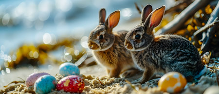 Cute Easter bunnies sitting on the beach with colorful eggsの素材