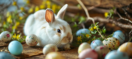 Easter bunny and easter eggs on wooden background. Happy Easter!の素材