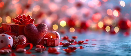 Valentine's day greeting card. Red hearts, gift box and candles on bokeh backgroundの素材