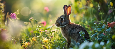 Rabbit on a meadow with flowers. Easter background. Wild nature.の素材