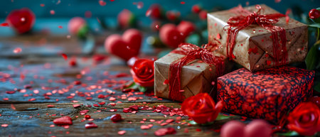 Valentine's day background with red hearts and gift boxes on wooden tableの素材