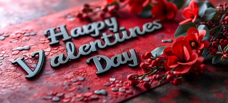 Valentine's Day background with red flowers and text Happy Valentine's Dayの素材
