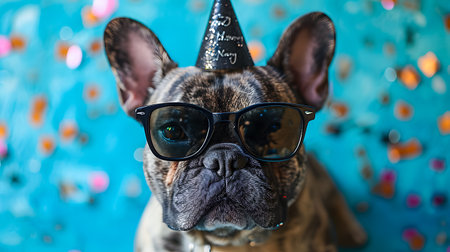 French bulldog dog wearing birthday hat and glasses on blue background.の素材