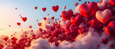 Valentine's day background with red heart shaped balloons flying in the skyの素材
