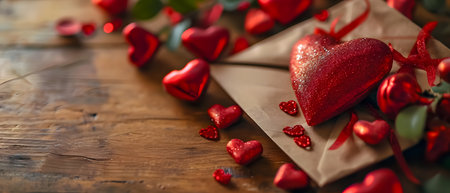 Valentine's Day background with red hearts on a wooden tableの素材