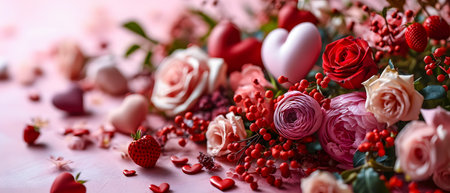 Valentine's day background with red hearts, roses and berries.の素材