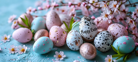 Colorful easter eggs and spring flowers on blue textured backgroundの素材