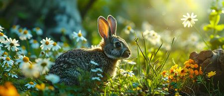 Rabbit in the meadow with daisies. Jump.の素材
