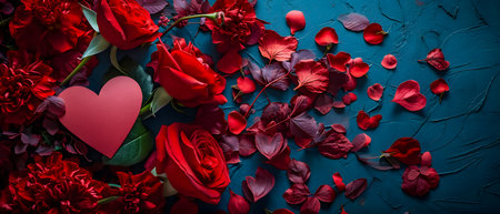 Valentines day background with red roses and red heart on blue backgroundの素材